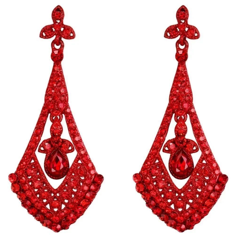 Red with Ruby Red Crystal Art Deco Rhombus Chandelier Post Back Drop Earrings